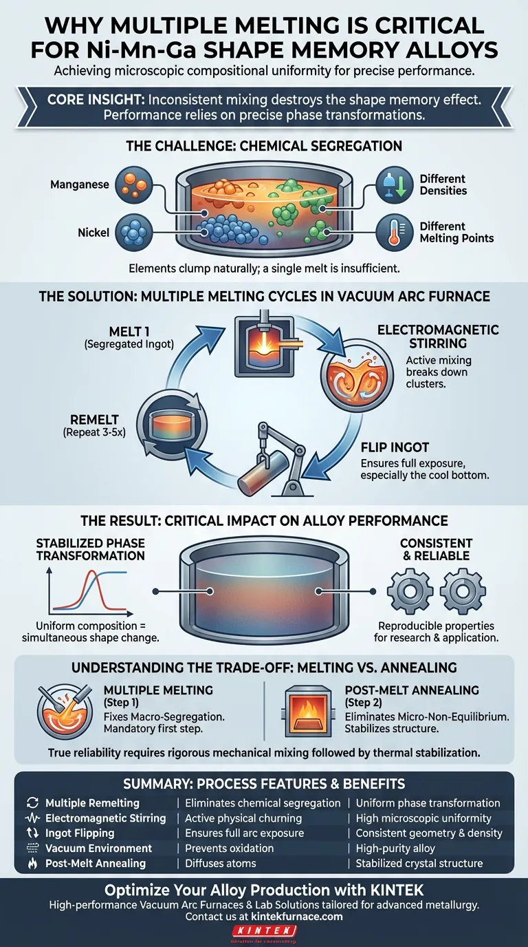 Por que a fusão múltipla é necessária em um forno de arco a vácuo? Obtenha Ligas de Aço com Memória de Forma de Ni-Mn-Ga Uniformes Guia Visual