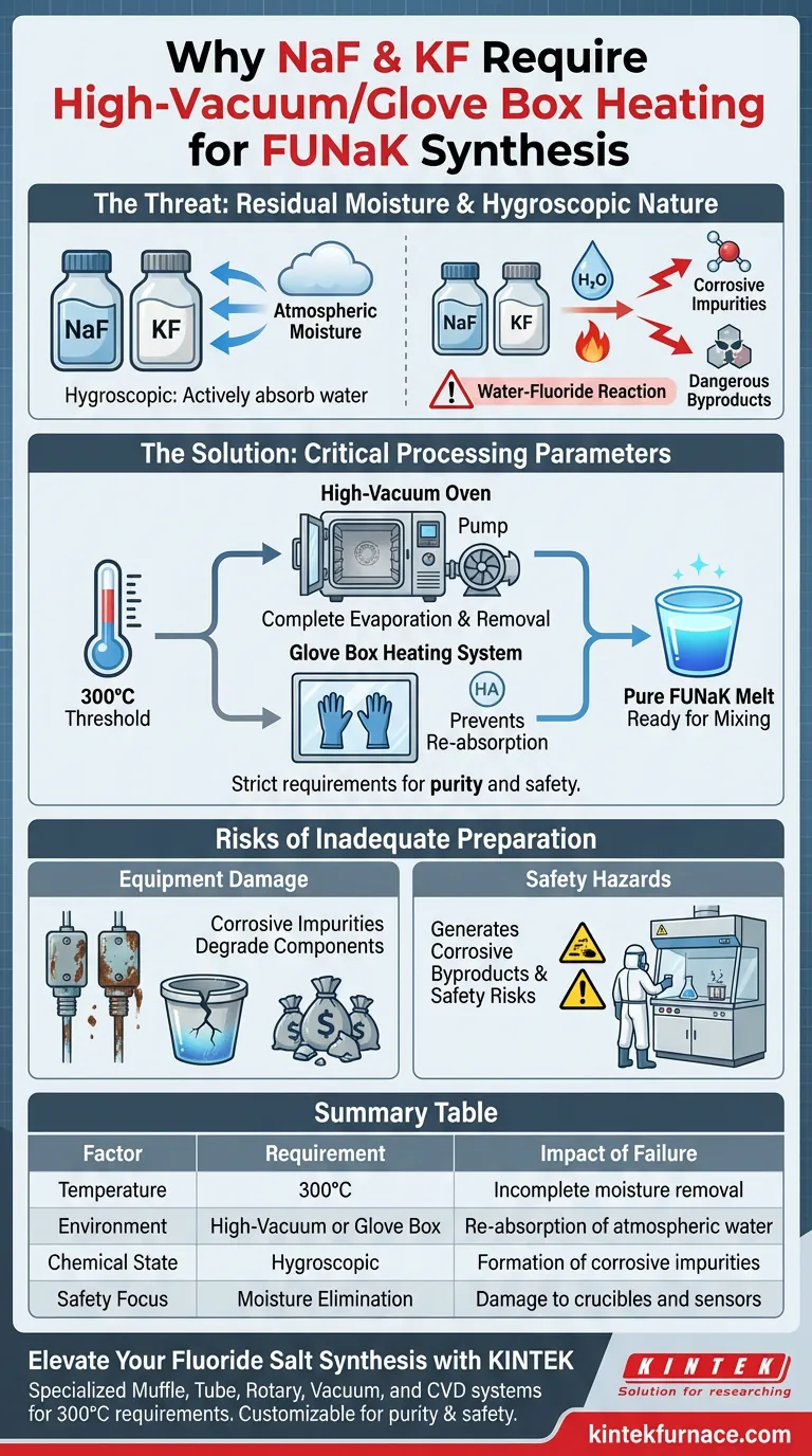 Why must NaF and KF raw materials be processed in a vacuum oven for FUNaK synthesis? Ensure Purity and Safety Visual Guide