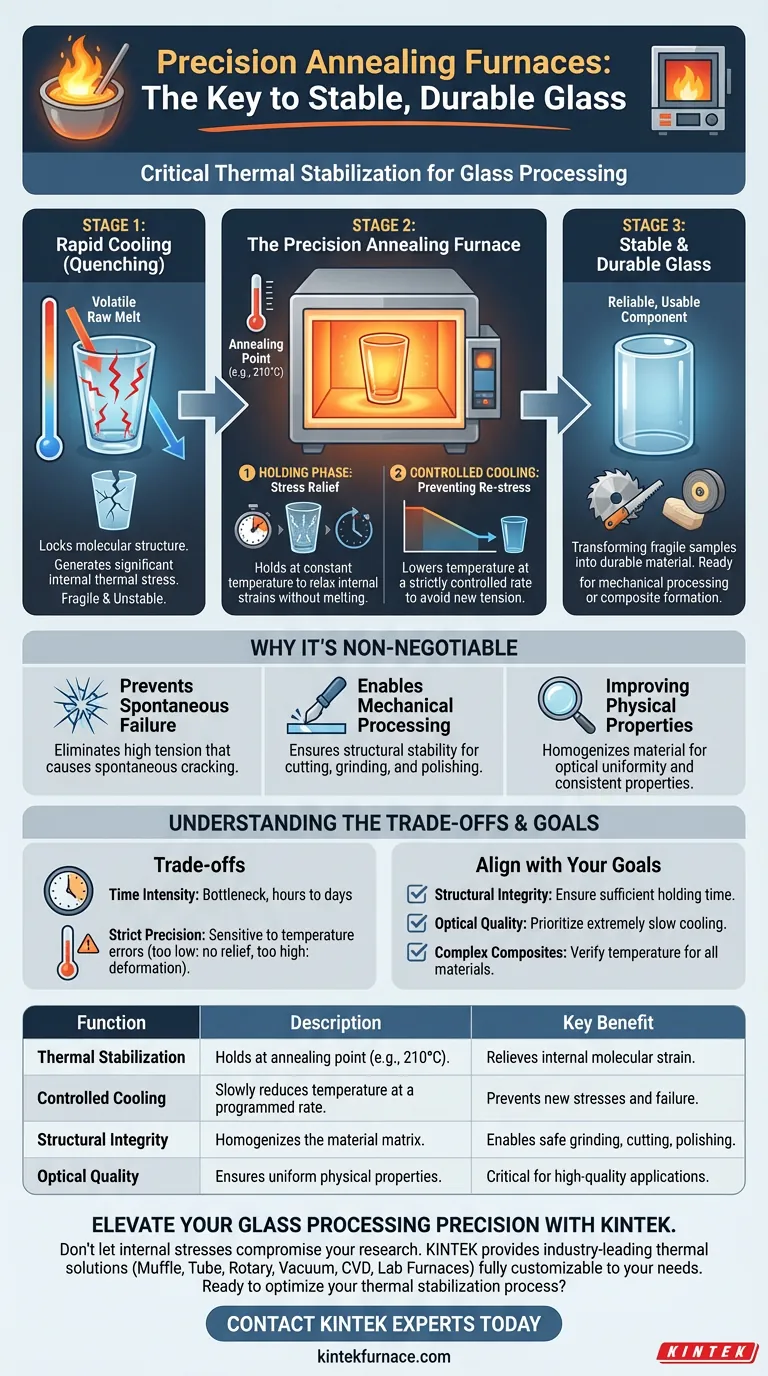 Welche Funktion erfüllt ein Präzisions-Temperofen für geschmolzenes Glas? Verhindert Rissbildung und gewährleistet Probenstabilität Visuelle Anleitung