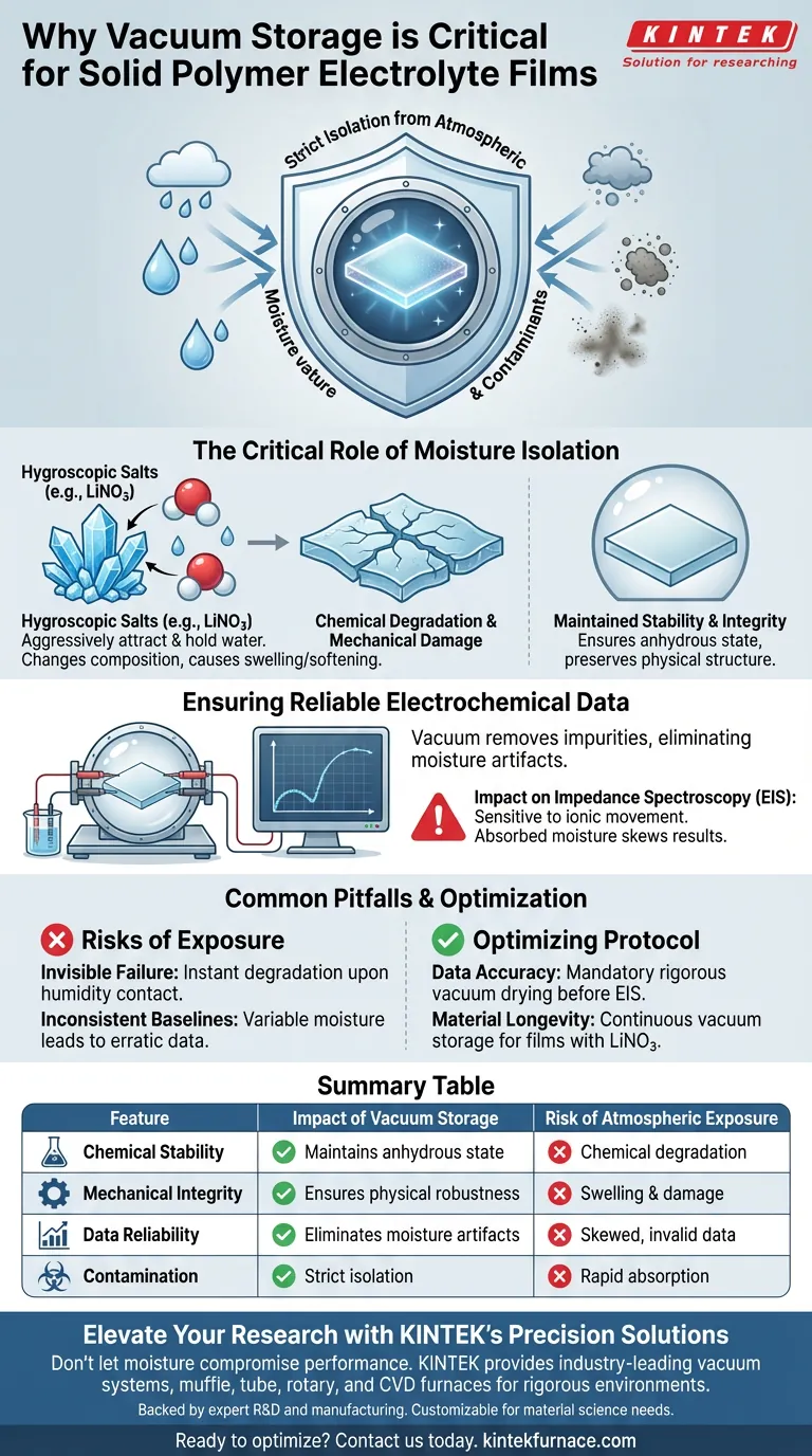 Warum ist eine Vakuumlagerumgebung für feste Polymerelektrolytfilme notwendig? Gewährleistung der Filmintegrität & Datenintegrität Visuelle Anleitung