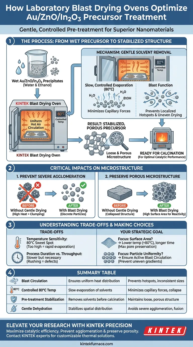 How does a laboratory blast drying oven facilitate the treatment of Au/ZnO/In2O3 precursor precipitates? Key Benefits Visual Guide