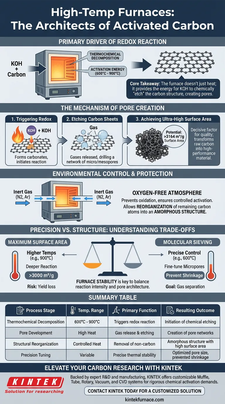 Quale ruolo gioca un forno ad alta temperatura nell'attivazione chimica dei materiali a base di carbonio? Padroneggiare l'attivazione con KOH Guida Visiva
