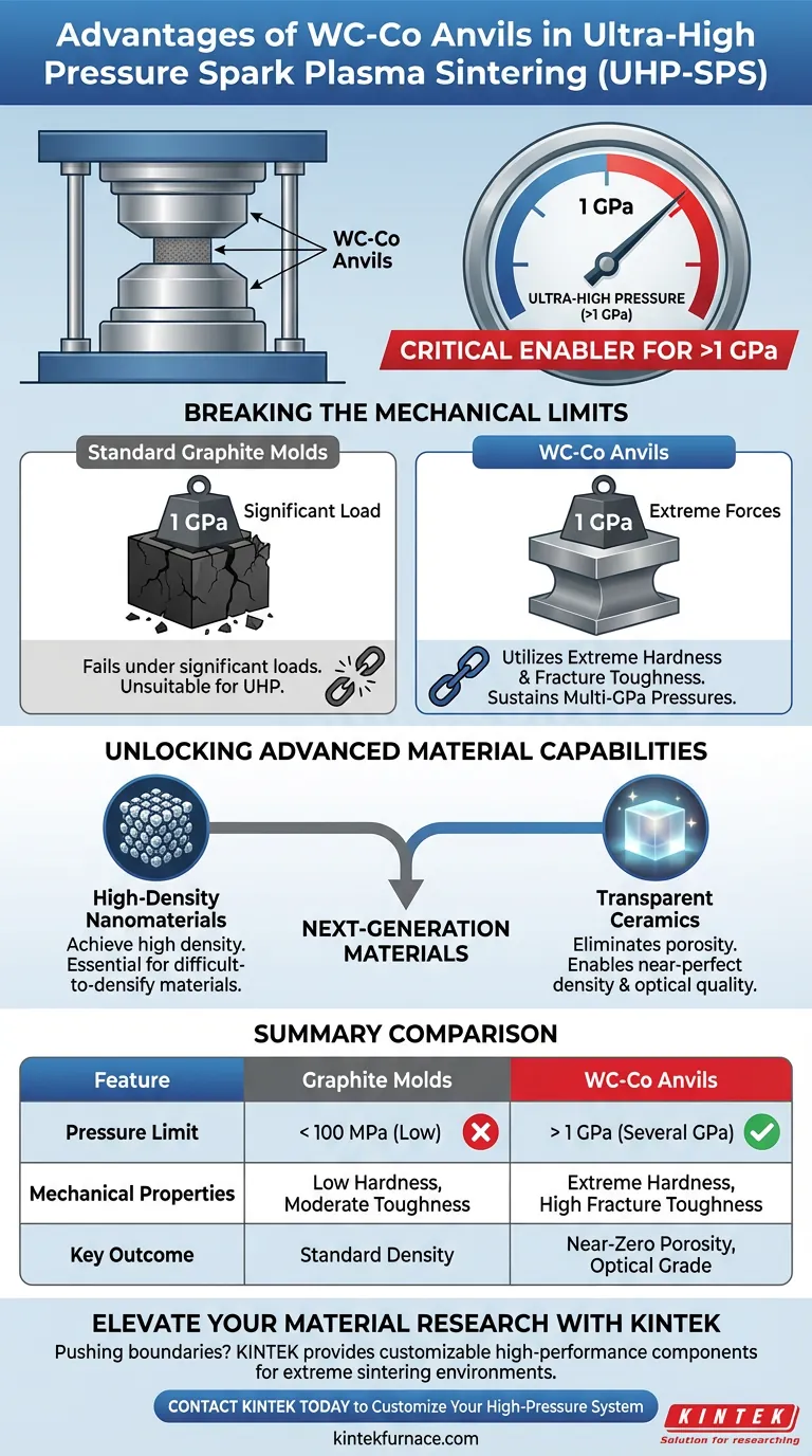 在UHP-SPS中使用WC-Co砧的优势是什么？解锁极限烧结压力和材料密度 图解指南