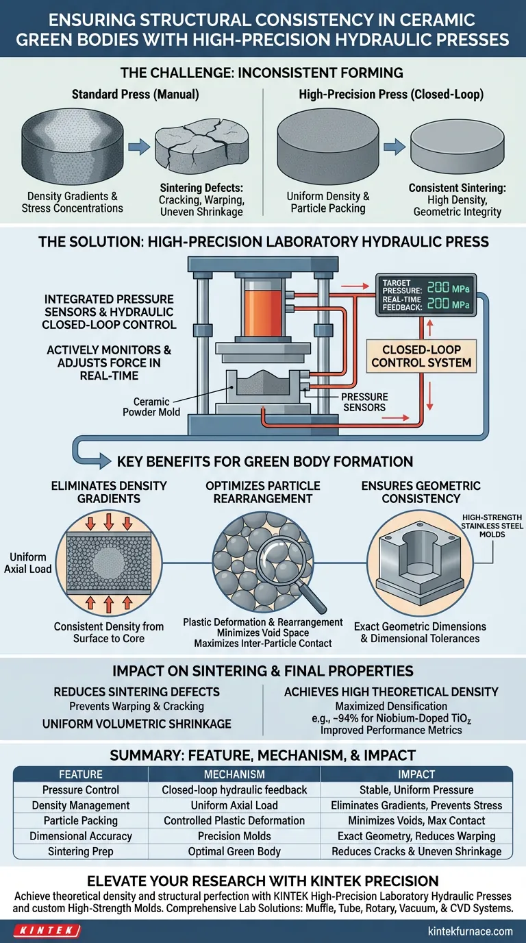 How does a high-precision laboratory hydraulic press ensure structural consistency? Mastering Ceramic Green Bodies Visual Guide