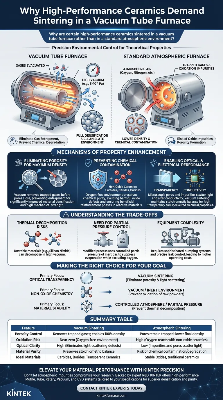 ¿Por qué se sinterizan ciertas cerámicas de alto rendimiento en un horno de tubo de vacío? Lograr densidad y pureza completas Guía Visual