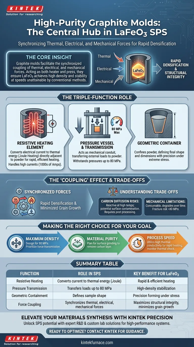 ¿Qué funciones principales desempeñan los moldes de grafito de alta pureza durante el SPS de LaFeO3? Optimice su proceso de sinterización Guía Visual