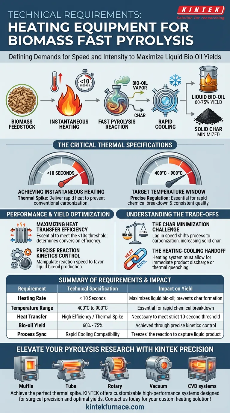 Quais requisitos técnicos são colocados nos equipamentos de aquecimento para pirólise rápida? Domine a Produção de Bio-óleo de Alto Rendimento Guia Visual