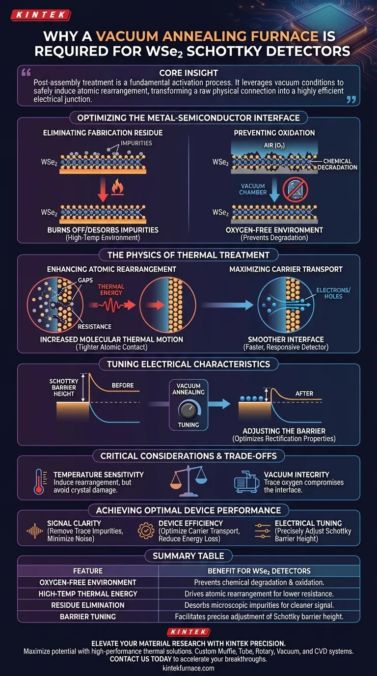 ¿Por qué se requiere un horno de recocido al vacío para los detectores Schottky de WSe2? Optimización de interfaces para un rendimiento máximo Guía Visual