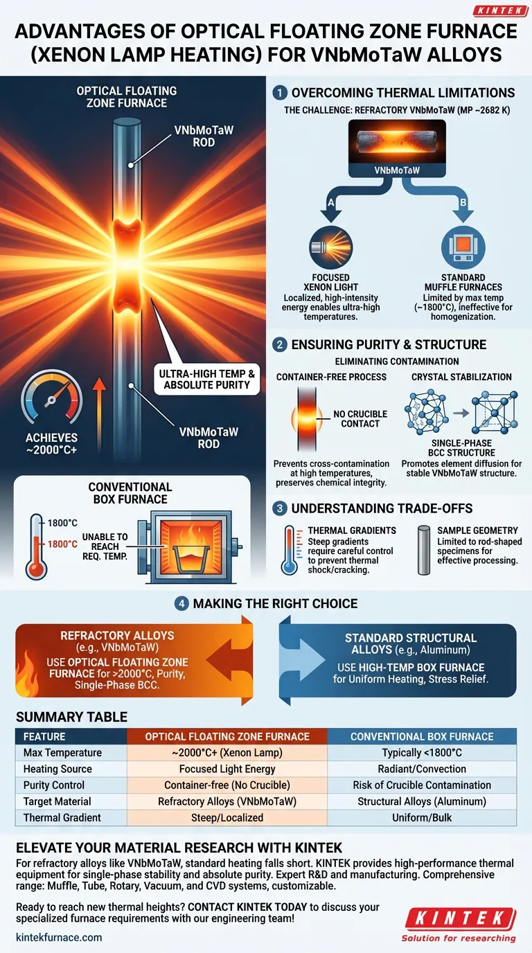 ¿Cuáles son las ventajas de usar un horno de zona flotante óptica para VNbMoTaW? Lograr una homogeneización de ultra alta pureza Guía Visual