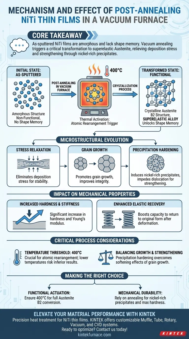 진공로에서 NiTi 박막을 어닐링하는 과정과 효과는 무엇인가요? 초탄성 발현 시각적 가이드