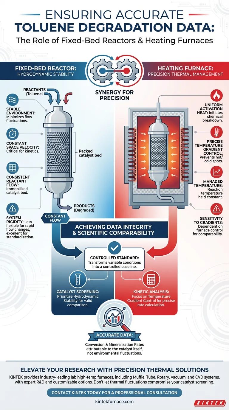 ¿Cómo garantizan los reactores de lecho fijo y los hornos de calentamiento datos de reacción precisos? Domina la precisión de la degradación del tolueno Guía Visual