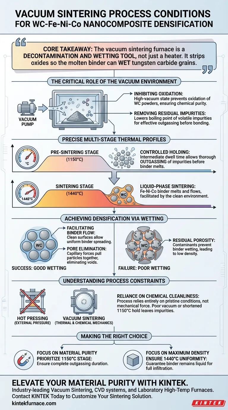 Quais condições de processo um forno de sinterização a vácuo fornece para WC-Fe-Ni-Co? Densificação por Fase Líquida Mestra Guia Visual