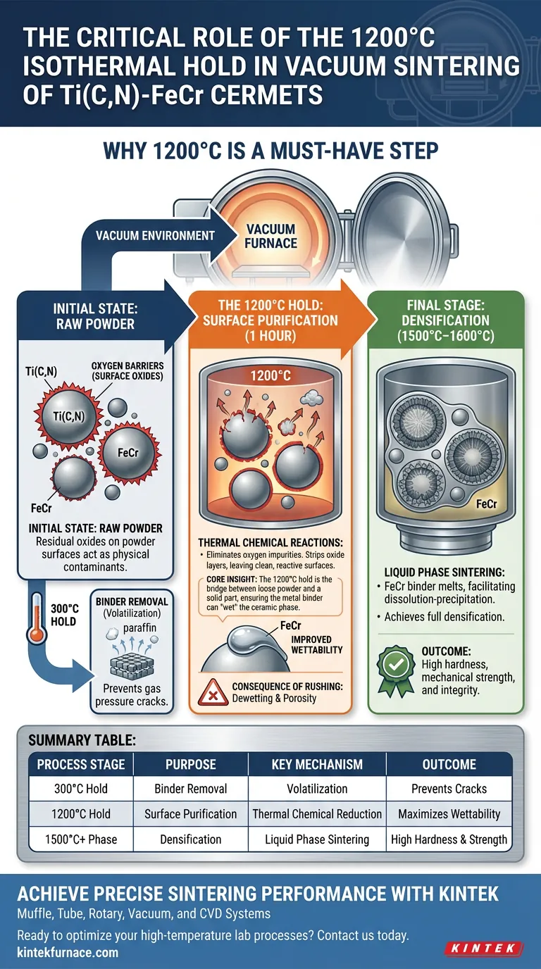 Por que é necessária uma manutenção a 1200°C para a sinterização de Ti(C,N)-FeCr? Desbloqueie Densidade Superior do Material Guia Visual