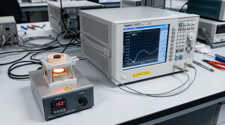 ¿Por qué es necesario un sistema de celda de muestra con control de calentamiento para el análisis de impedancia de ferrita de níquel dopada con itrio?