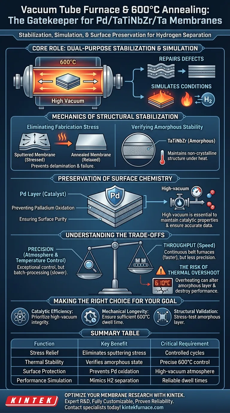 Какую роль играет печь с вакуумной трубой в высокотемпературном отжиге мембран Pd/TaTiNbZr/Ta при 600°C? Визуальное руководство