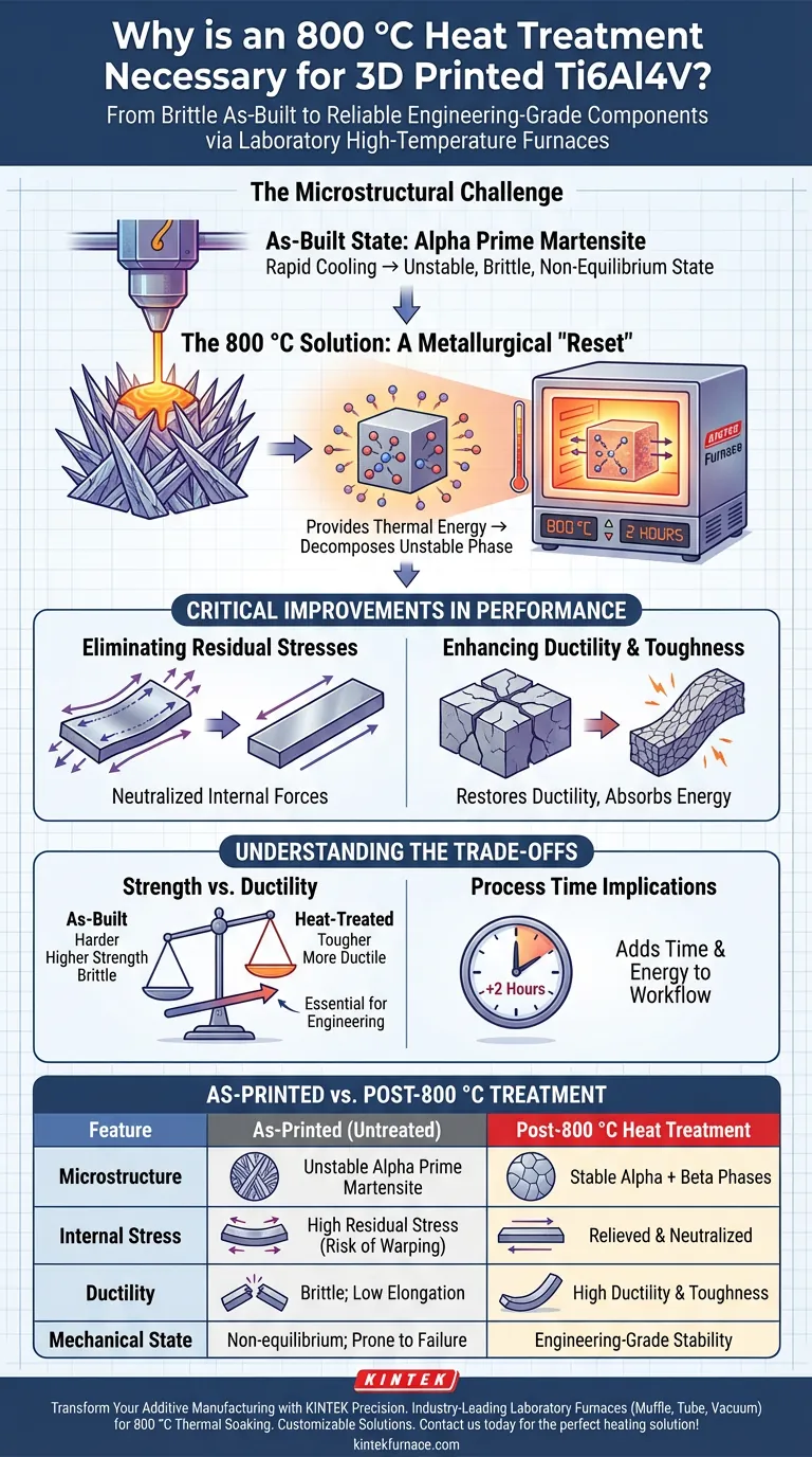 Por que o tratamento térmico de 800 °C é necessário para a fabricação aditiva de Ti6Al4V? Desbloqueie a Ductilidade e Alivie o Estresse Guia Visual