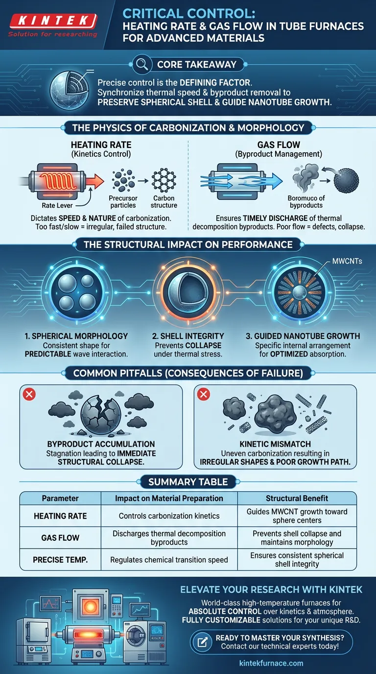 Pourquoi le contrôle du taux de chauffage et du débit de gaz dans un four tubulaire de laboratoire est-il essentiel pour les matériaux absorbant les ondes électromagnétiques ? Guide Visuel