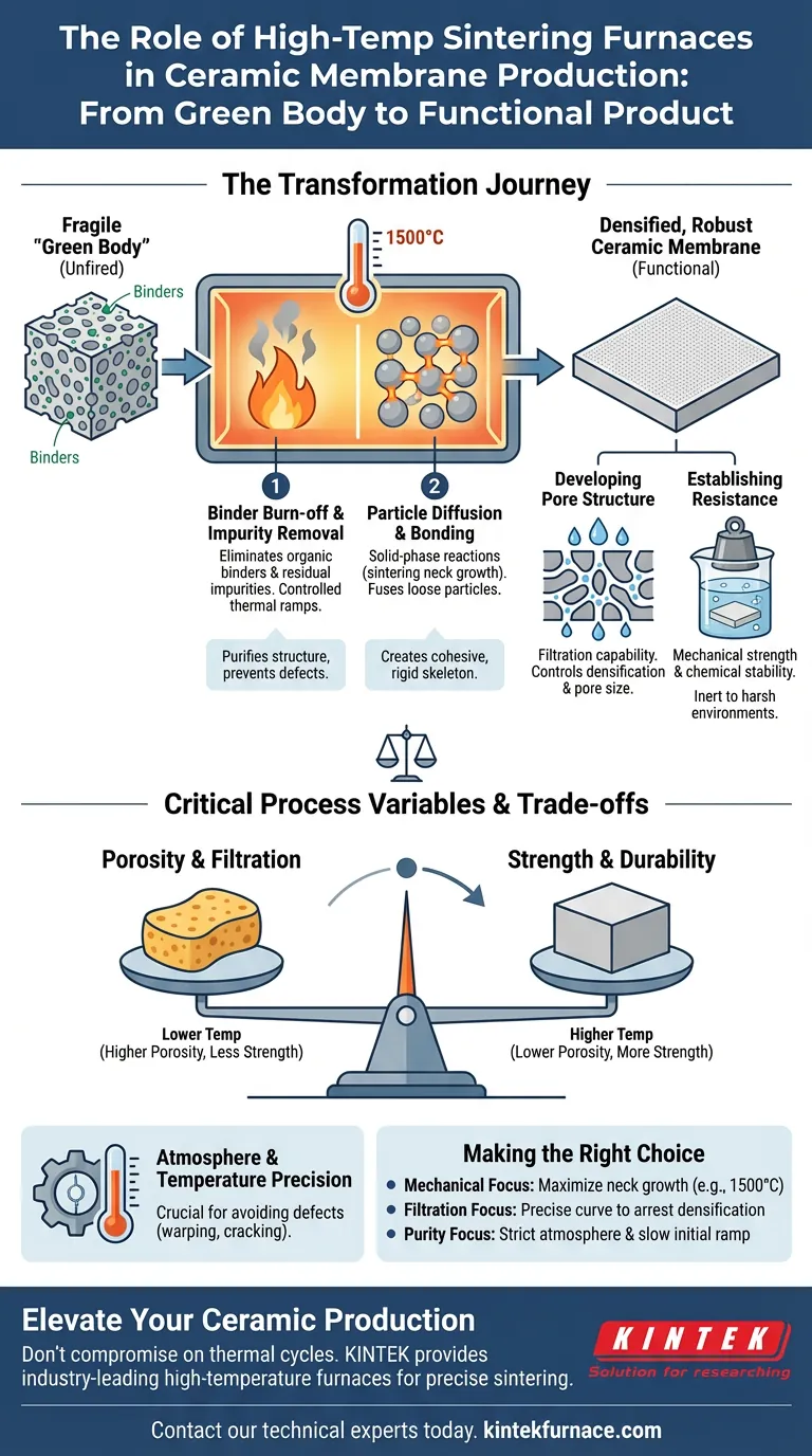 Qual è la funzione di un forno di sinterizzazione ad alta temperatura nella produzione di membrane ceramiche? Prestazioni ingegnerizzate Guida Visiva