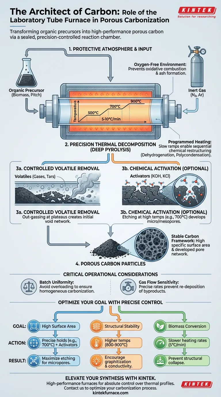 ¿Qué papel juega un horno tubular de laboratorio en el proceso de carbonización de partículas de carbono poroso? Perspectivas de expertos Guía Visual