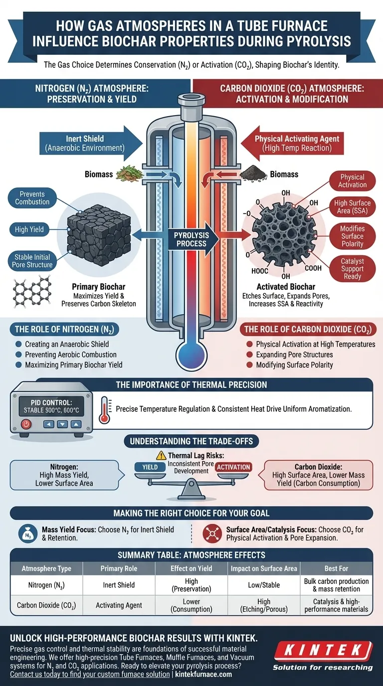 異なるガス雰囲気はバイオ炭の特性にどのように影響しますか？熱分解収率と活性化を最適化する ビジュアルガイド