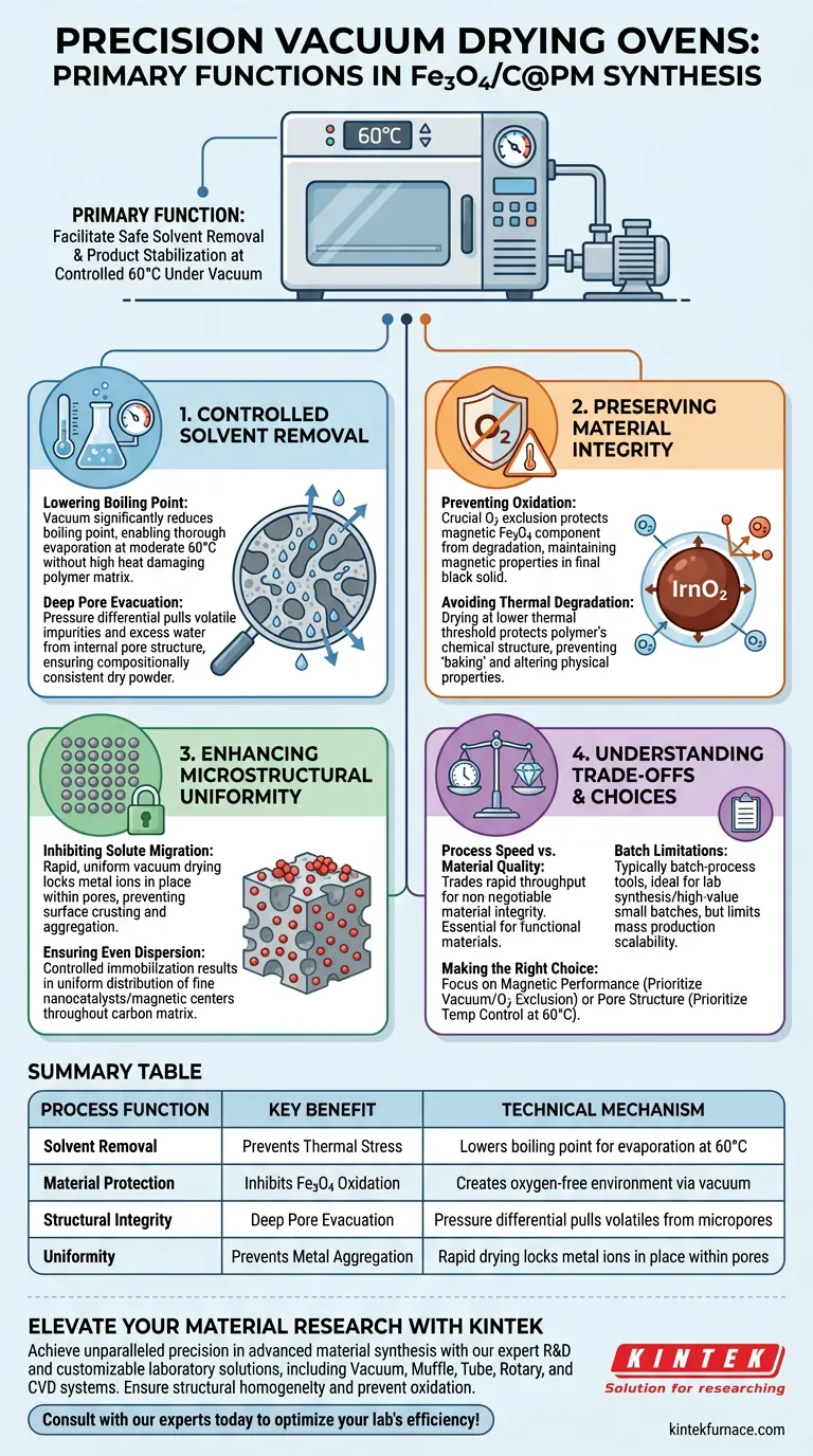 ما هي وظائف العملية الأساسية لفرن التجفيف بالمكنسة الكهربائية في تخليق Fe3O4/C@PM؟ ضمان سلامة المواد. دليل مرئي