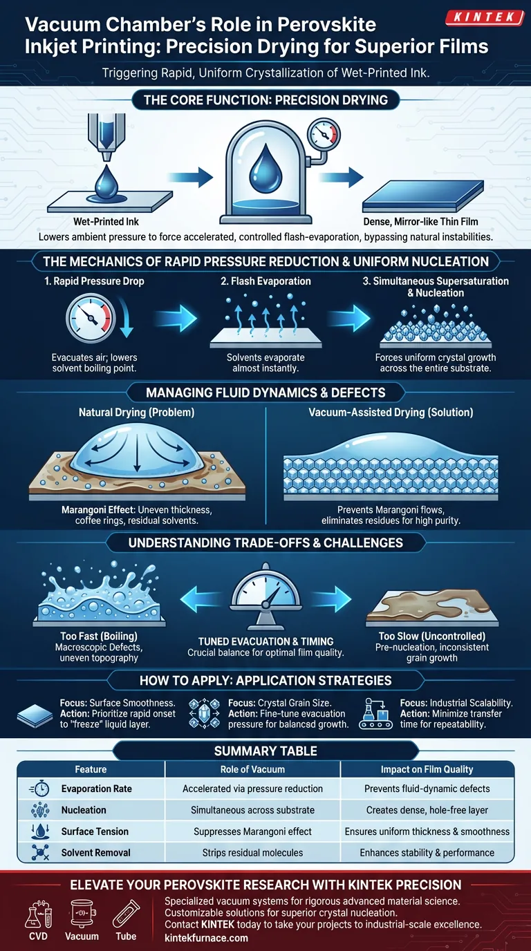 페로브스카이트 박막의 잉크젯 프린팅 공정에서 진공 챔버는 어떤 기능을 수행하나요? 전문가 인사이트 시각적 가이드