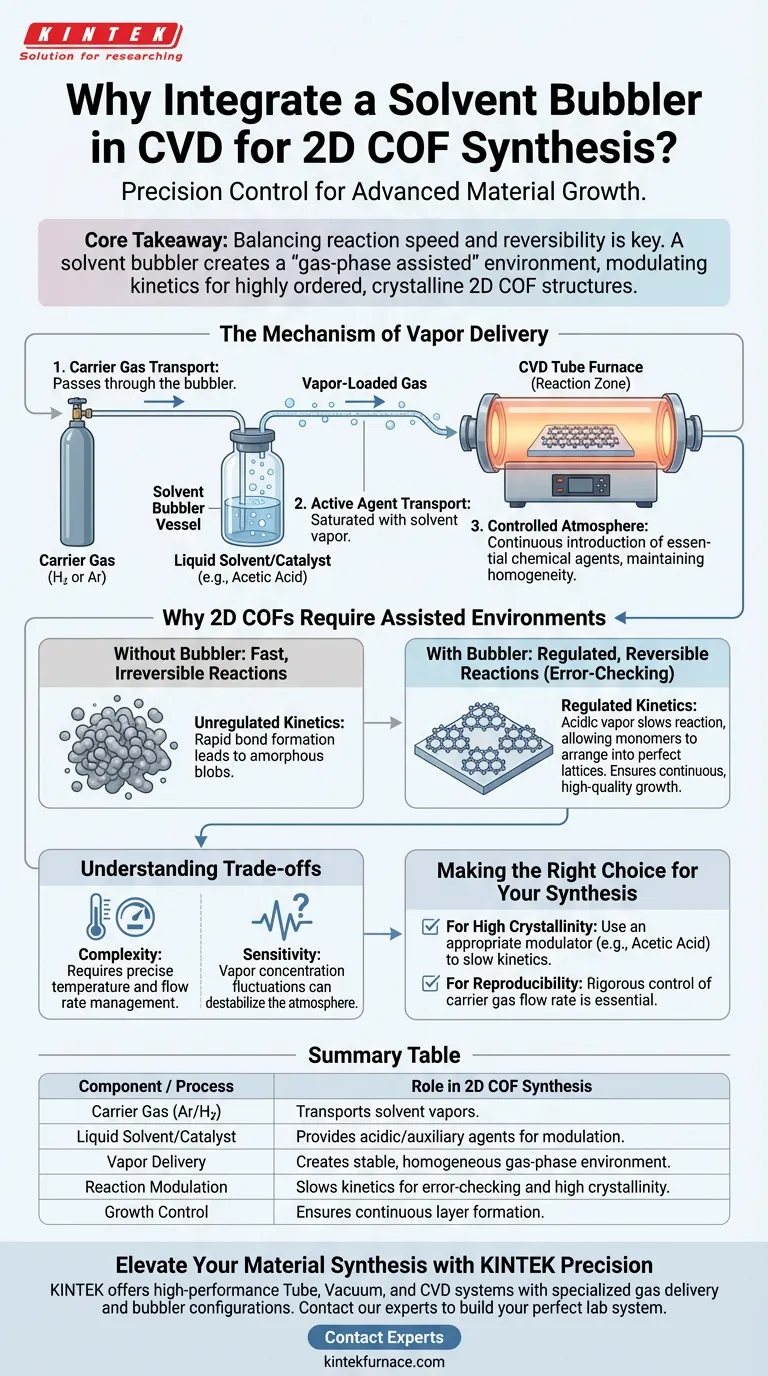 在二维共价有机框架（COF）合成的化学气相沉积（CVD）中，为什么使用溶剂冒泡器？优化聚合与结晶度 图解指南