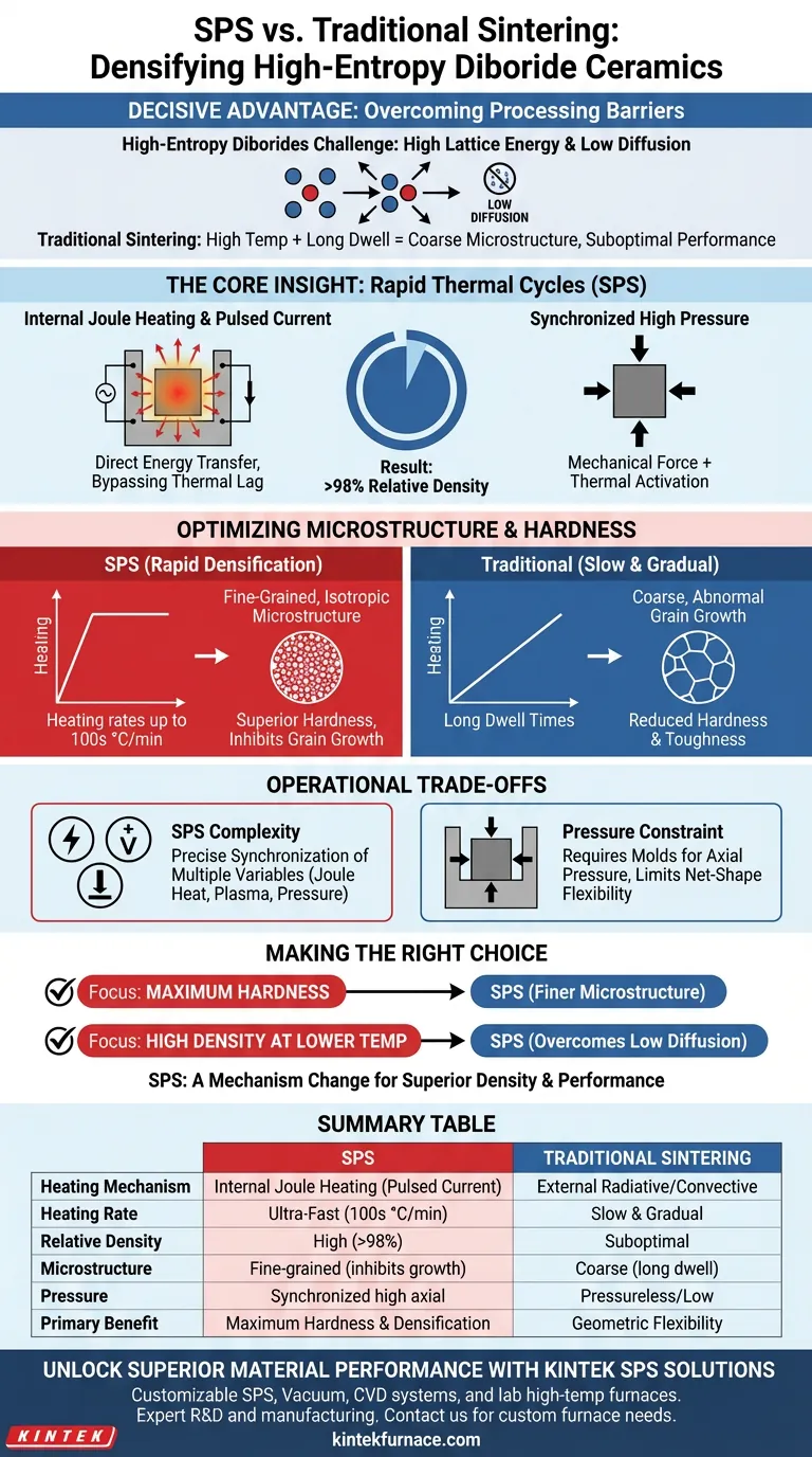 高エントロピー二ホウ化物において、SPSシステムは従来の焼結と比較してどのような利点がありますか？98%以上の高密度化を迅速に達成 ビジュアルガイド