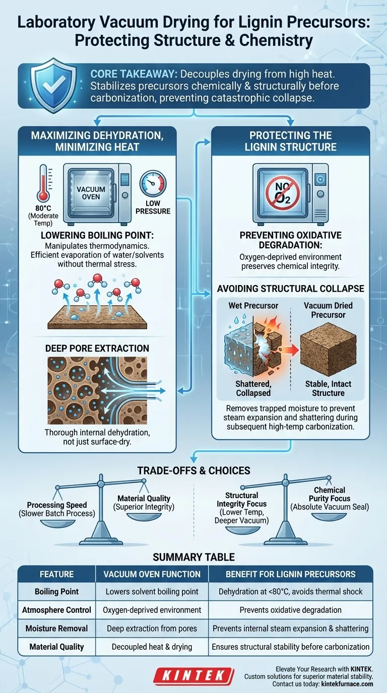 ¿Cuál es la función de un horno de secado al vacío de laboratorio para precursores a base de lignina? Garantizar la integridad estructural Guía Visual