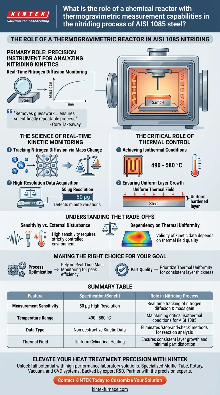Qual é o papel de um reator químico com medição termogravimétrica na nitretação? Domine a cinética do AISI 1085 Guia Visual