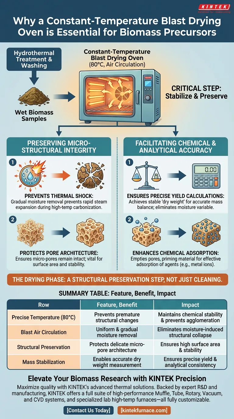 لماذا يعتبر فرن التجفيف بالهواء الساخن ذو درجة الحرارة الثابتة ضروريًا لمعالجة سلائف الكتلة الحيوية؟ ضمان السلامة الهيكلية دليل مرئي