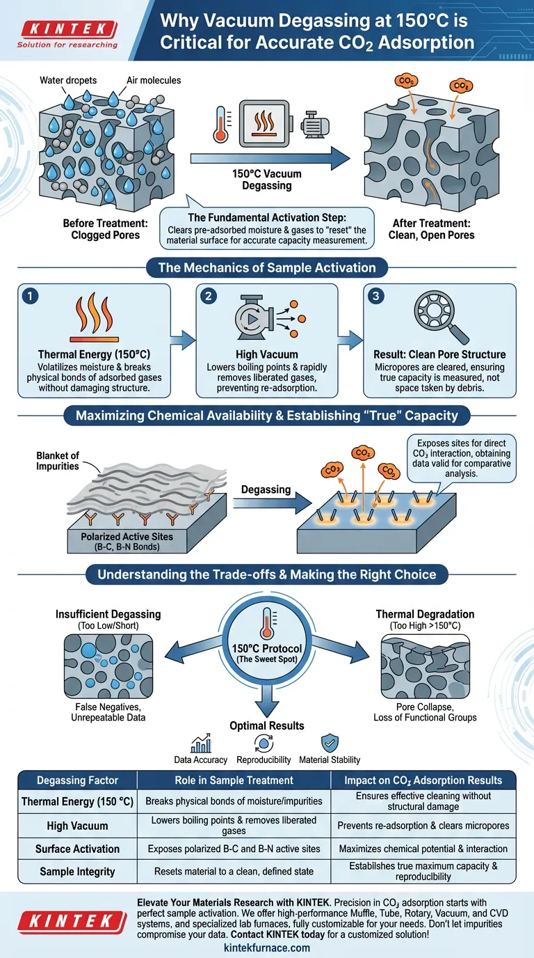 ¿Por qué es necesario utilizar una estación de desgasificación al vacío a 150 °C para el tratamiento de muestras? Lograr una adsorción precisa de CO2 Guía Visual