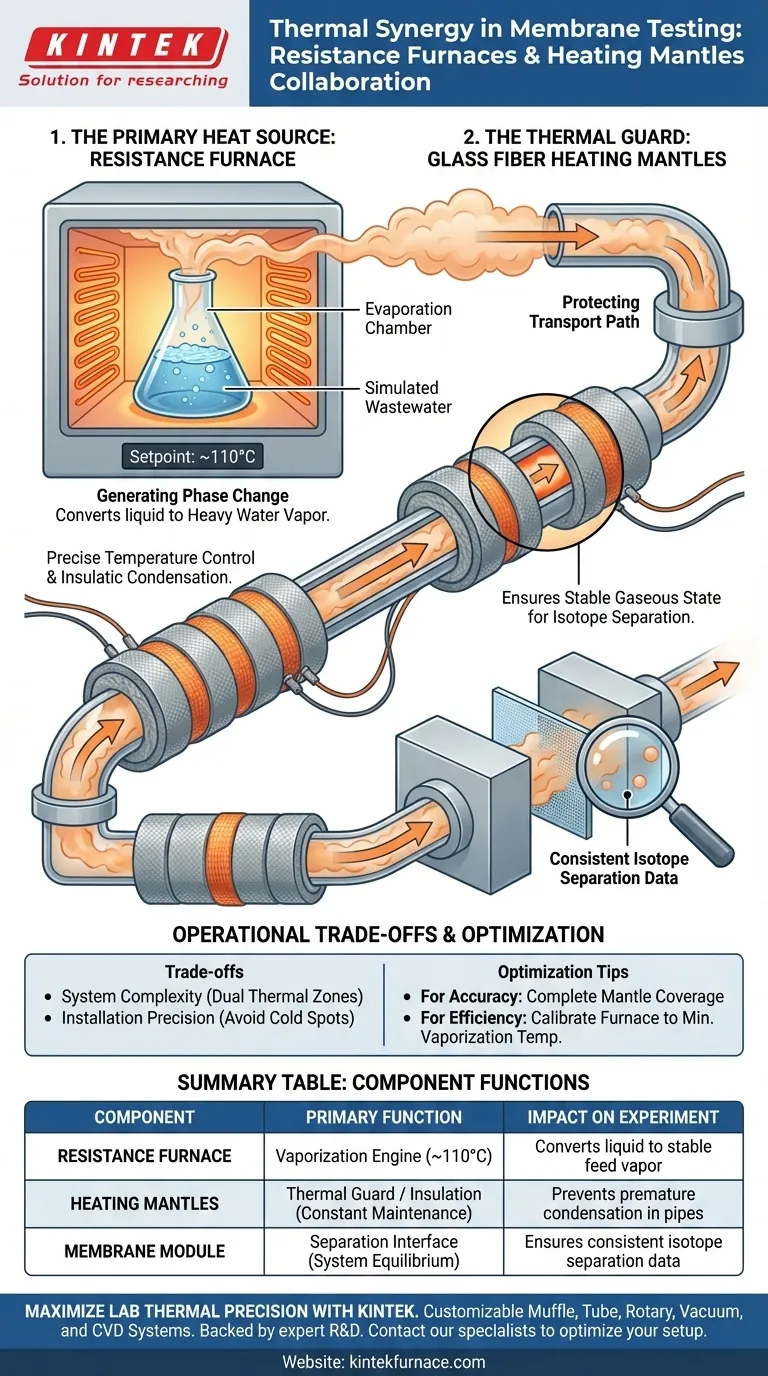 ¿Cómo colaboran los hornos de resistencia y las mantas calefactoras de fibra de vidrio en la destilación? Garantizar la estabilidad óptima del vapor Guía Visual