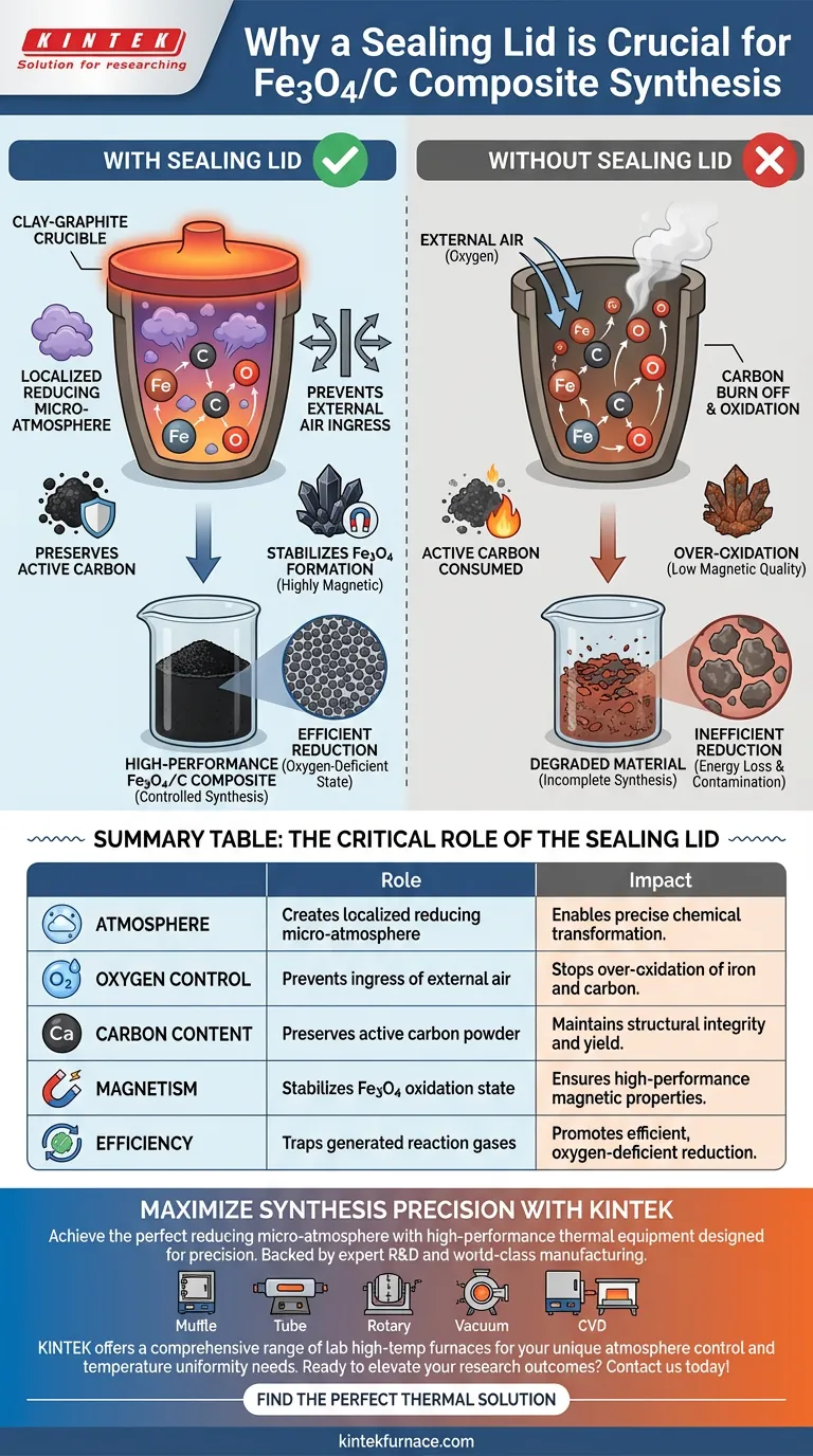 Почему герметичная крышка необходима для глиняно-графитового тигля? Ключ к успешному синтезу композитов Fe3O4/C Визуальное руководство