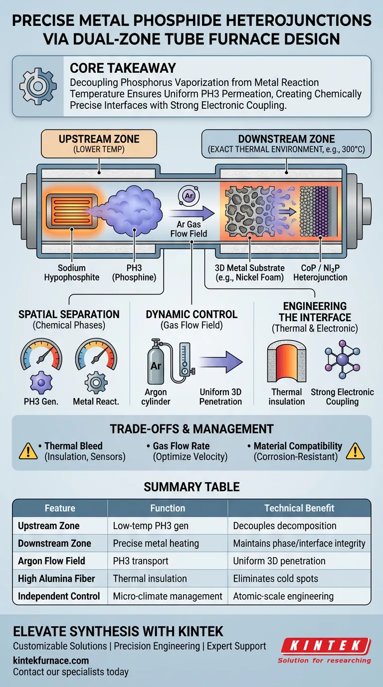 ¿Cómo facilita el diseño de un horno tubular de doble zona la conversión precisa de fosfuro metálico? Optimizar las heterouniones Guía Visual