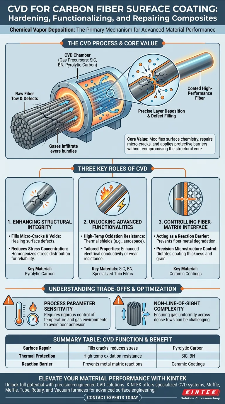 ما هو الدور الذي تلعبه معدات الترسيب الكيميائي للبخار (CVD) في الطلاء السطحي لألياف الكربون للمركبات؟ دليل مرئي