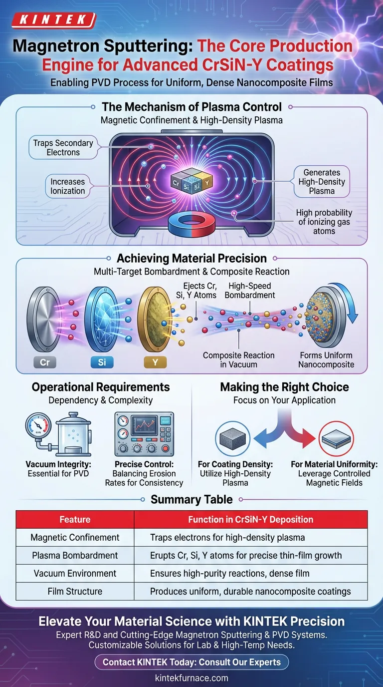 Qual é o papel central de um sistema de sputtering de magnetron na PVD de CrSiN-Y? Desbloqueie a Precisão de Revestimento de Alto Desempenho Guia Visual