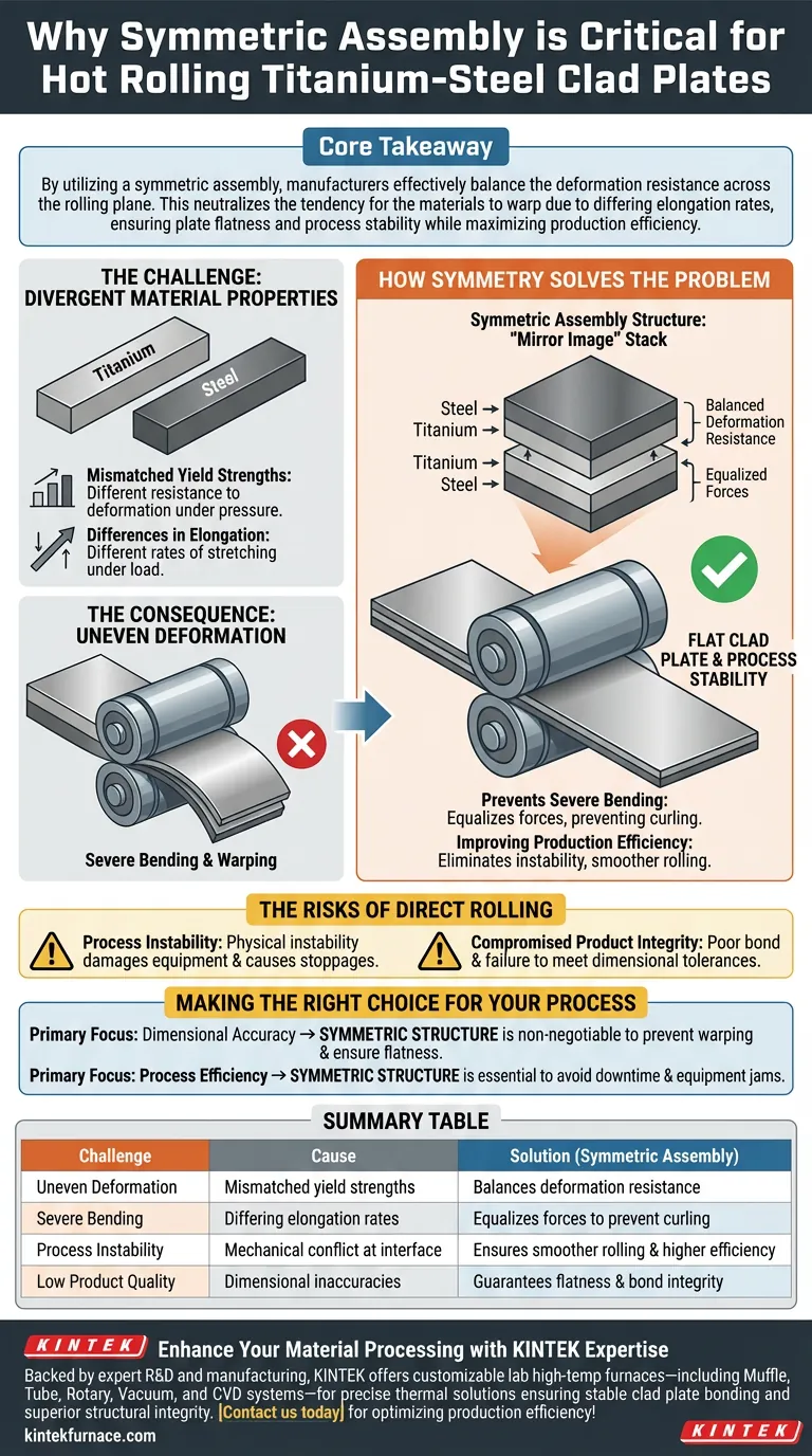 Почему симметричная конструкция сборки необходима для горячей прокатки плакированных плит из титана и стали? Достижение плоскостности Визуальное руководство