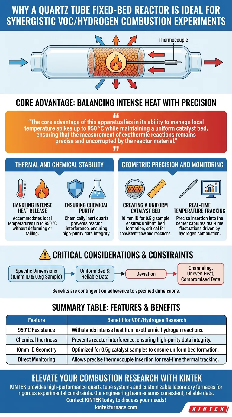 ¿Por qué un reactor de lecho fijo de tubo de cuarzo es ideal para la combustión de COV/hidrógeno? Desbloquee precisión y estabilidad a alta temperatura Guía Visual