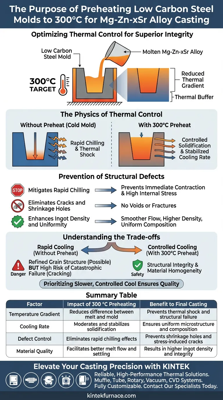 Qual è lo scopo del preriscaldamento degli stampi in acciaio a basso tenore di carbonio a 300 °C prima della colata di leghe Mg-Zn-xSr? Guida Visiva