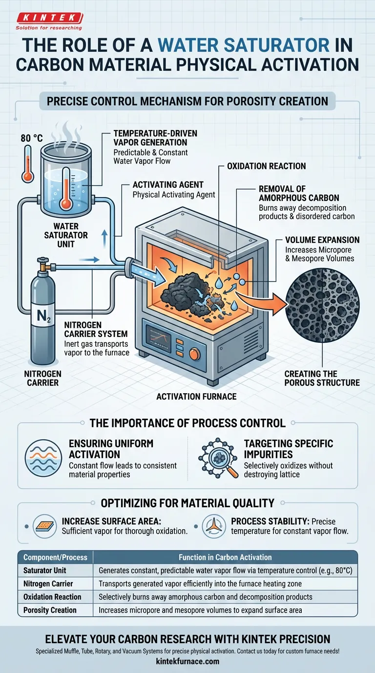 Quale ruolo svolge un saturatore d'acqua nell'attivazione fisica dei materiali carboniosi? Sblocca la porosità ad alte prestazioni Guida Visiva