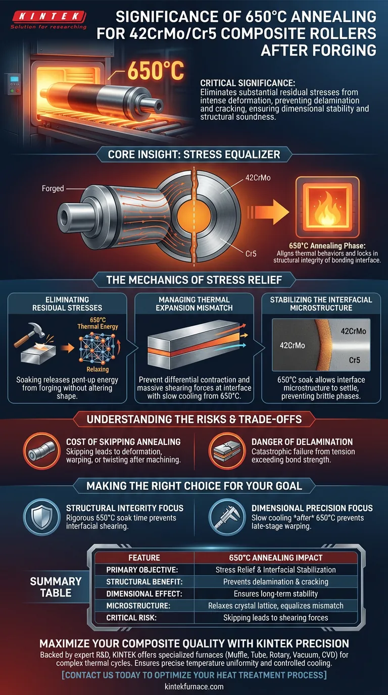 ¿Cuál es la importancia de utilizar un horno de recocido a 650°C para rodillos compuestos de 42CrMo/Cr5 después del forjado? Guía Visual