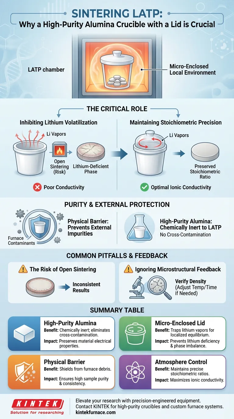 Pourquoi utiliser un creuset en alumine de haute pureté avec couvercle pour le frittage du LATP ? Assurer une stabilité stœchiométrique optimale Guide Visuel