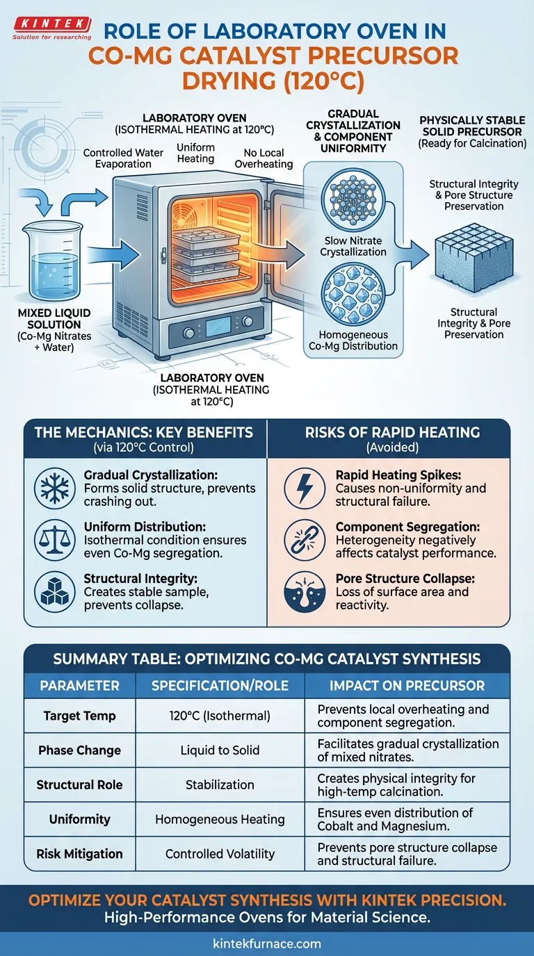 在钴-镁催化剂前驱体的干燥阶段，实验室烘箱起着什么作用？确保组分均匀性 图解指南