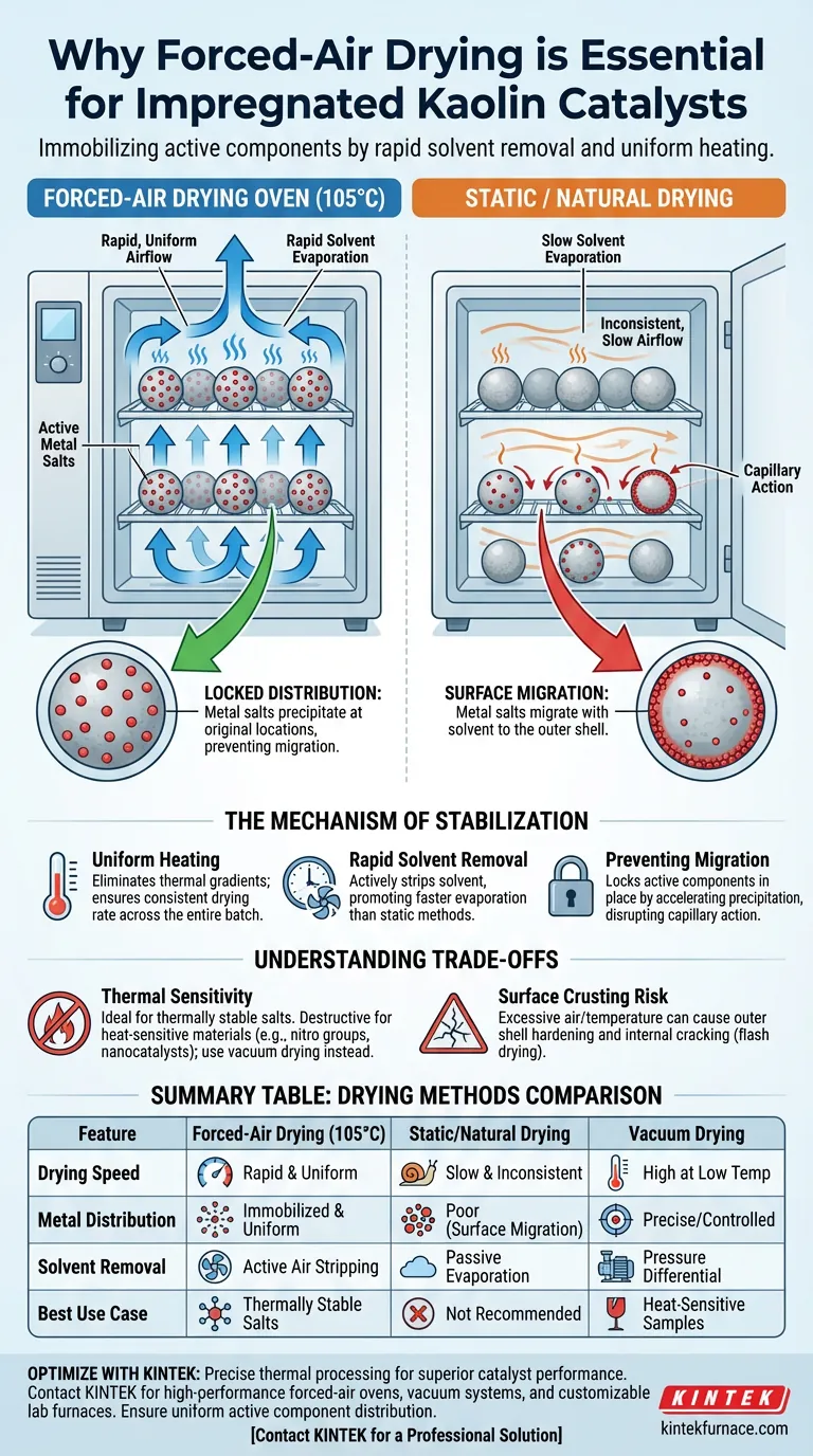 ¿Por qué es necesario un horno de secado por aire forzado para catalizadores de caolín impregnados? Lograr la inmovilización uniforme de los componentes Guía Visual