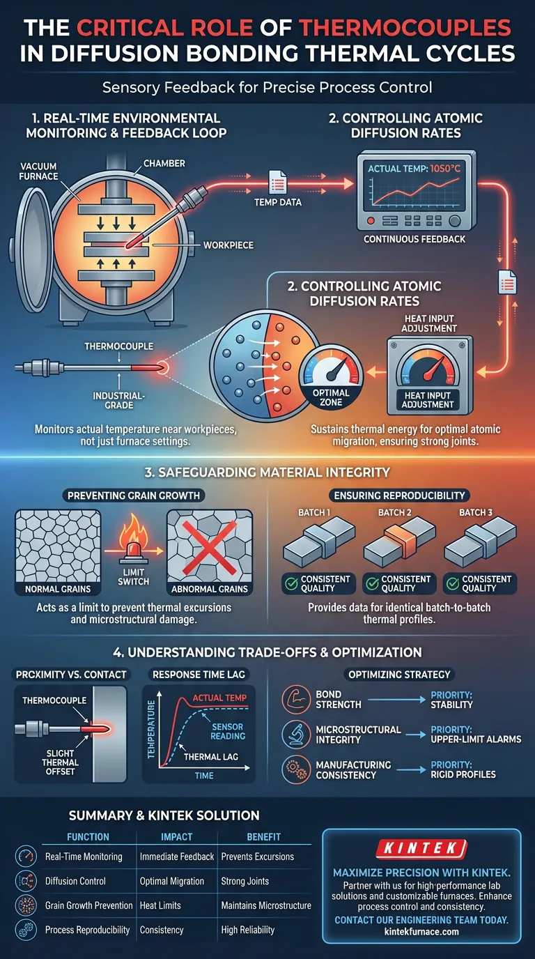 Qual papel os termopares de grau industrial desempenham durante a soldagem por difusão? Garanta Controle Térmico e Qualidade Precisos Guia Visual