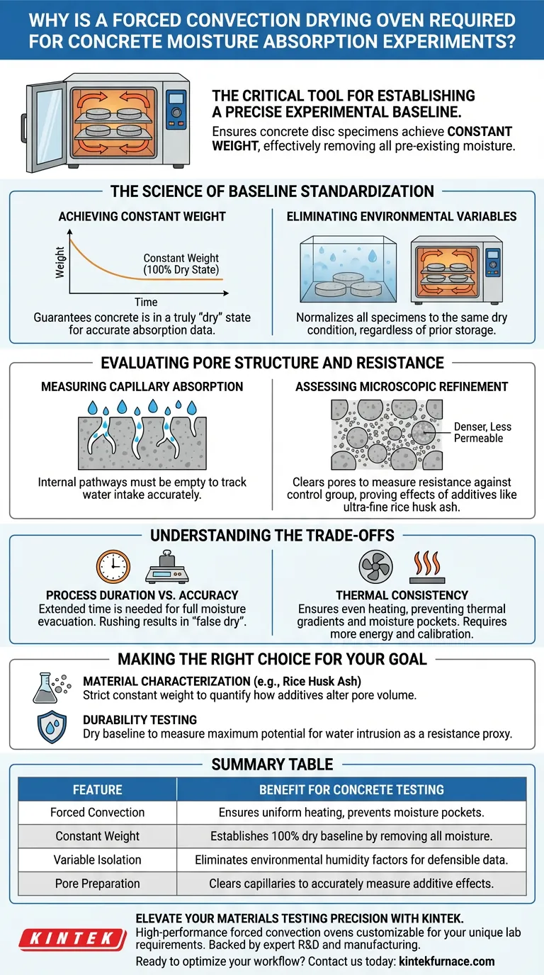 ¿Por qué se requiere un horno de secado por convección forzada para experimentos de humedad en concreto? Lograr una precisión de línea base precisa Guía Visual