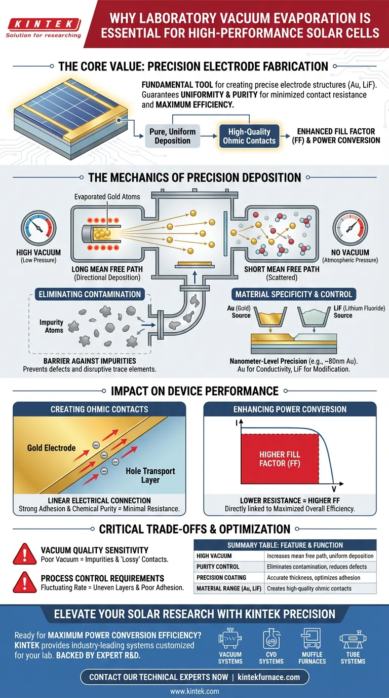 ¿Por qué un sistema de evaporación al vacío de laboratorio es esencial para la preparación de electrodos en células solares de alto rendimiento? Guía Visual