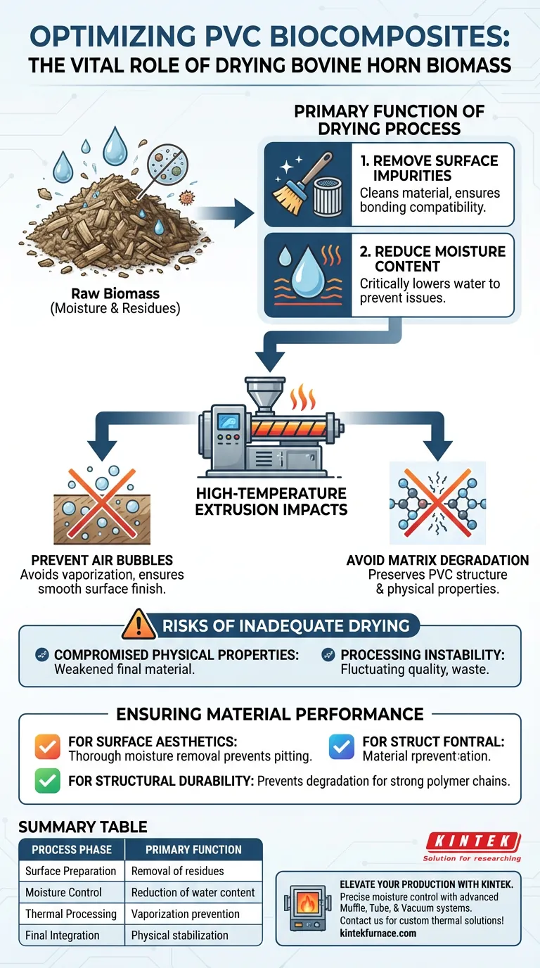Qual é a função principal da secagem da biomassa de chifre bovino para biocompósitos de PVC? Otimizar a Resistência do Material Guia Visual