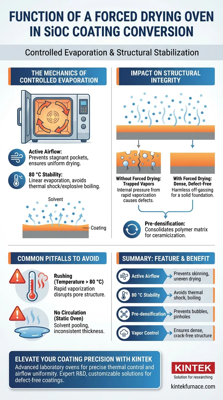 Qual è la funzione di un forno a essiccazione forzata nella conversione del rivestimento SiOC? Garantire la rimozione impeccabile dei solventi Guida Visiva